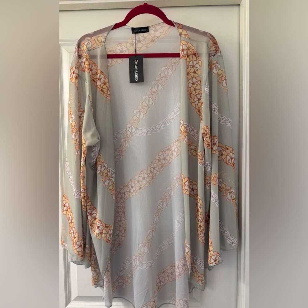 2BDESIRED Sheer Green and Orange Puakenikeni flower design  cover up
